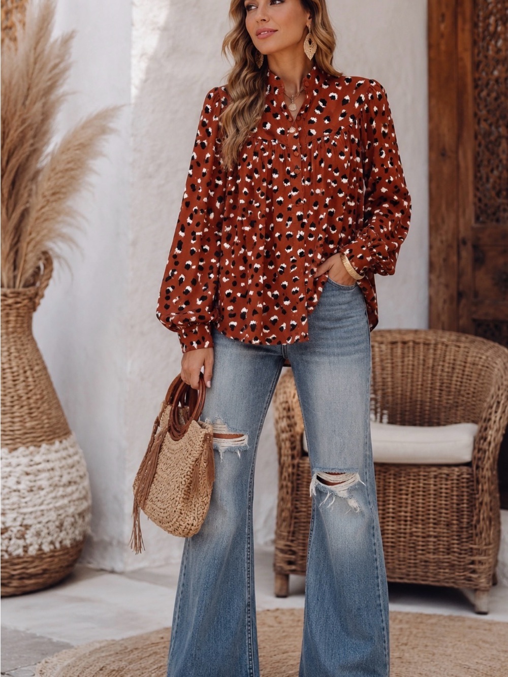 LaRoque Rust Animal Print High Neck Blouse | Long Sleeve Button Front Top -NWT